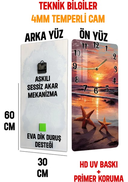Gün Batımı Deniz Kenarı Temalı Temperli Cam Saat – Hd Uv Baskı 30X60 cm CUSD068