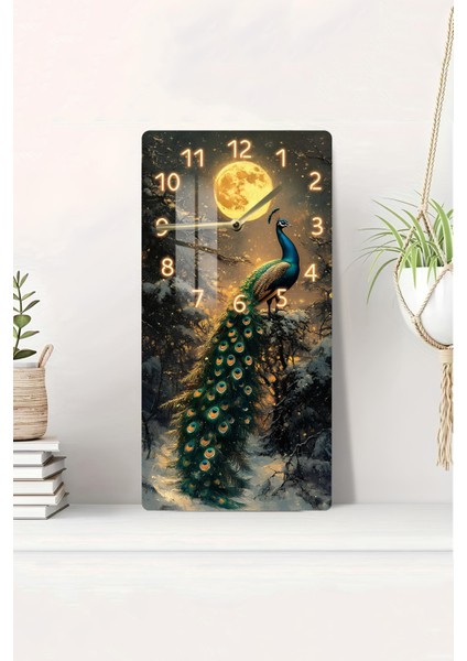 Tavus Kuşu ve Ay Işığı Desenli Temperli Cam Tablo Saat – 30X60 cm –CUSD024