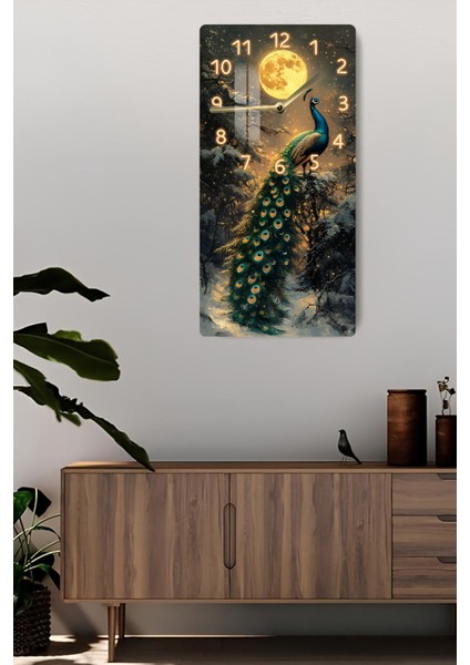 Tavus Kuşu ve Ay Işığı Desenli Temperli Cam Tablo Saat – 30X60 cm –CUSD024 fiyatları