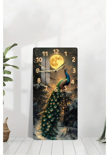 Tavus Kuşu ve Ay Işığı Desenli Temperli Cam Tablo Saat – 30X60 cm –CUSD024 modelleri