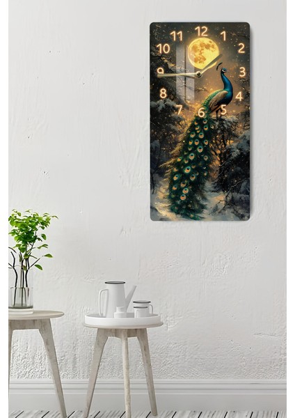 Tavus Kuşu ve Ay Işığı Desenli Temperli Cam Tablo Saat – 30X60 cm –CUSD024 indirimleri