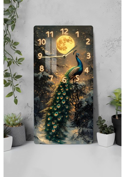 Tavus Kuşu ve Ay Işığı Desenli Temperli Cam Tablo Saat – 30X60 cm –CUSD024
