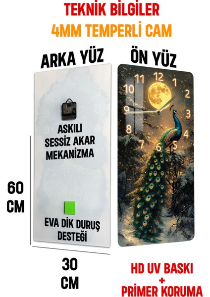Tavus Kuşu ve Ay Işığı Desenli Temperli Cam Tablo Saat – 30X60 cm –CUSD024