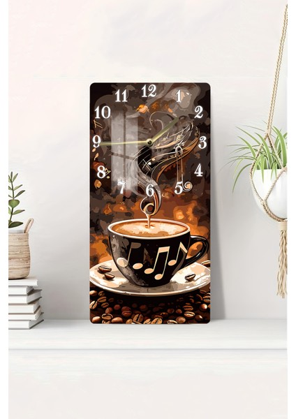 Kahve ve Nota Desenli Temperli Cam Tablo Saat – 30X60 cm Uv Baskı – CUSD014
