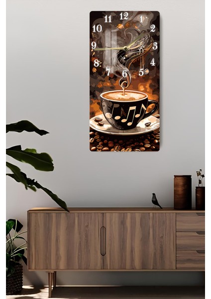 Kahve ve Nota Desenli Temperli Cam Tablo Saat – 30X60 cm Uv Baskı – CUSD014 fiyatları