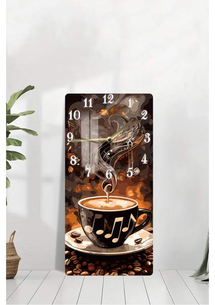 Kahve ve Nota Desenli Temperli Cam Tablo Saat – 30X60 cm Uv Baskı – CUSD014 modelleri