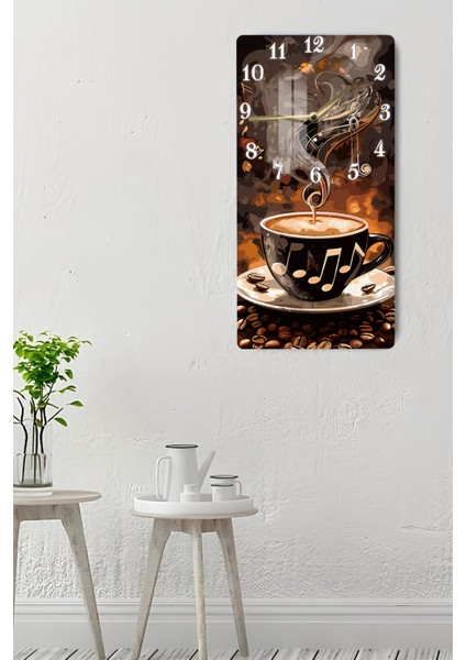 Kahve ve Nota Desenli Temperli Cam Tablo Saat – 30X60 cm Uv Baskı – CUSD014 indirimleri