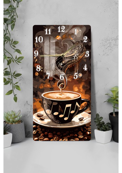 Kahve ve Nota Desenli Temperli Cam Tablo Saat – 30X60 cm Uv Baskı – CUSD014