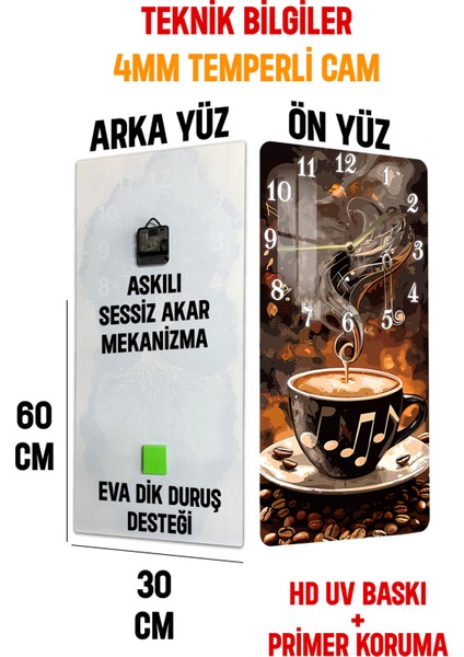 Kahve ve Nota Desenli Temperli Cam Tablo Saat – 30X60 cm Uv Baskı – CUSD014