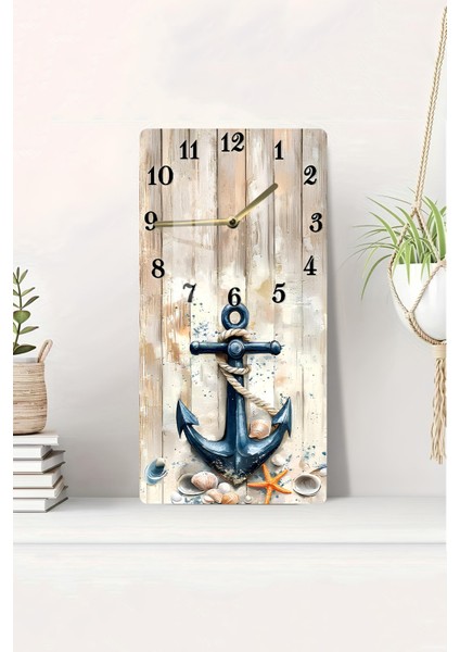 Temperli Cam Tablo Saat – Çapa ve Deniz Kabukları Desenli 30X60CM Uv Baskı – CUSD004