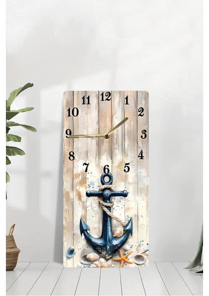 Temperli Cam Tablo Saat – Çapa ve Deniz Kabukları Desenli 30X60CM Uv Baskı – CUSD004 modelleri
