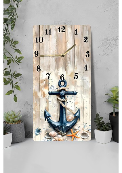 Temperli Cam Tablo Saat – Çapa ve Deniz Kabukları Desenli 30X60CM Uv Baskı – CUSD004