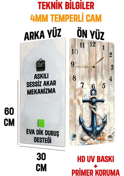 Temperli Cam Tablo Saat – Çapa ve Deniz Kabukları Desenli 30X60CM Uv Baskı – CUSD004