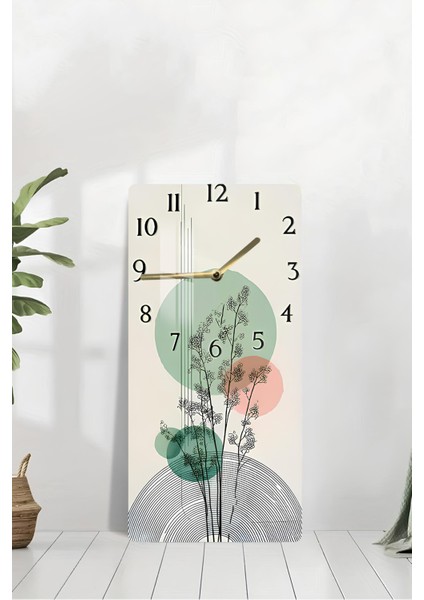 Temperli Cam Tablo Saat – Pastel Renkli Bitki Desenli Minimal Tasarım (30X60 Cm)– Uv Baskı– CUSD120 modelleri