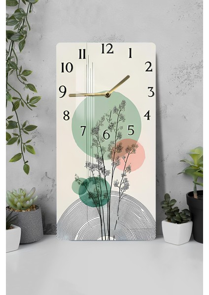 Temperli Cam Tablo Saat – Pastel Renkli Bitki Desenli Minimal Tasarım (30X60 Cm)– Uv Baskı– CUSD120