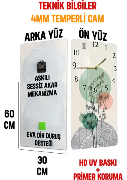 Temperli Cam Tablo Saat – Pastel Renkli Bitki Desenli Minimal Tasarım (30X60 Cm)– Uv Baskı– CUSD120