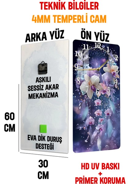 Rüya Kapanı ve Çiçek Tüy Desenli Temperli Cam Tablo Saat 30×60 cm Hd Uv Baskı– CUSD234
