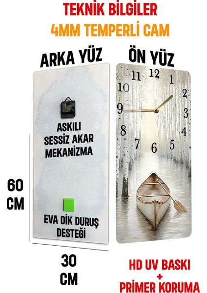 Doğanın Sessizliğinde Kayık Manzaralı Temperli Cam Tablo Saat 30X60 cm |hd Uv Baskı– CUSD191