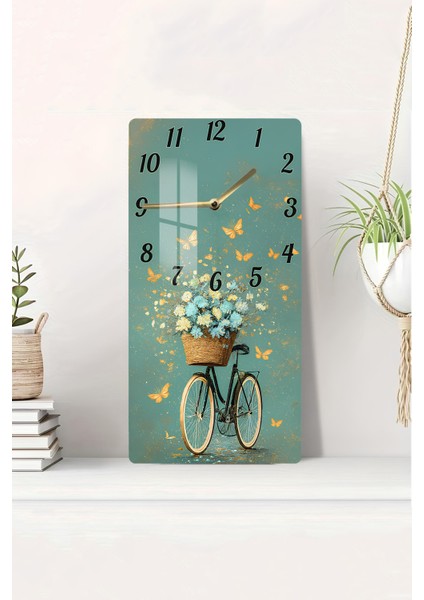 Çiçekli Bisiklet Temalı Temperli Cam Tablo Saat – 30X60 cm | Hd Uv Baskı– CUSD152