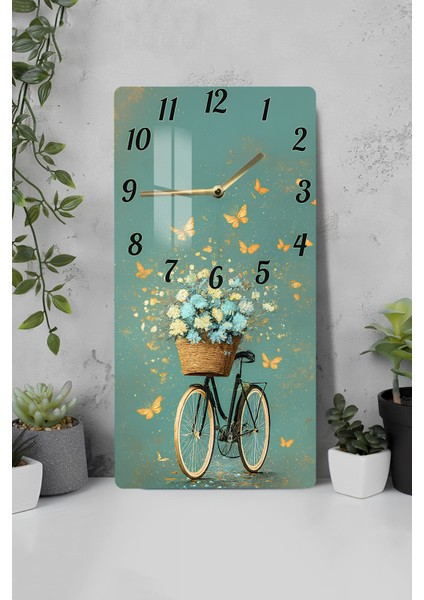 Çiçekli Bisiklet Temalı Temperli Cam Tablo Saat – 30X60 cm | Hd Uv Baskı– CUSD152