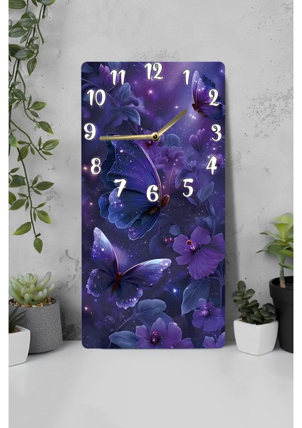 Mor Kelebekli Uv Baskı Mdf Tablo Saat – 30X60 Cm– USD233