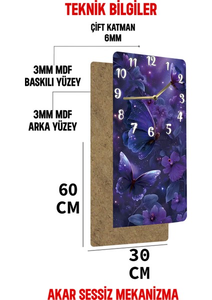 Mor Kelebekli Uv Baskı Mdf Tablo Saat – 30X60 Cm– USD233