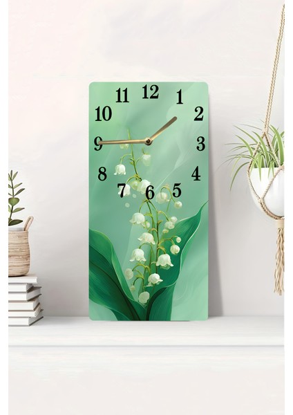 Yeşil Zemin Üzerinde Vadideki Zambak Desenli Uv Baskı Mdf Tablo Saat – 30X60 Cm– USD224