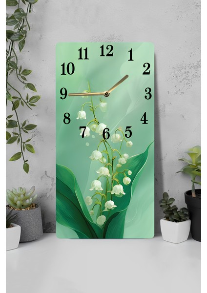 Yeşil Zemin Üzerinde Vadideki Zambak Desenli Uv Baskı Mdf Tablo Saat – 30X60 Cm– USD224