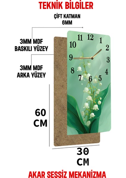 Yeşil Zemin Üzerinde Vadideki Zambak Desenli Uv Baskı Mdf Tablo Saat – 30X60 Cm– USD224