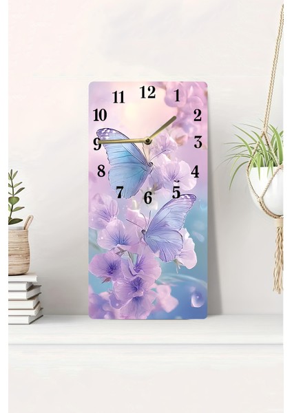 Mor Çiçekler ve Mavi Kelebek Desenli Uv Baskı Mdf Tablo Saat – 30X60 Cm– USD220