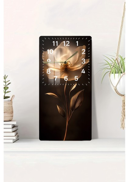 Altın Çiçek Temalı Temperli Cam Tablo Saat – 30×60 Cm– Uv Baskı– CUSD142