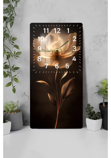 Altın Çiçek Temalı Temperli Cam Tablo Saat – 30×60 Cm– Uv Baskı– CUSD142