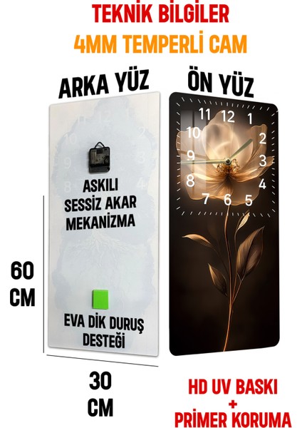 Altın Çiçek Temalı Temperli Cam Tablo Saat – 30×60 Cm– Uv Baskı– CUSD142