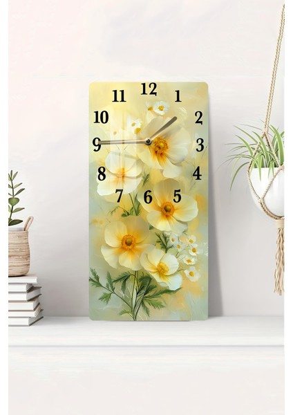 Sarı Beyaz Çiçek Temalı Temperli Cam Tablo Saat – 30×60 Cm– Uv Baskı– CUSD148