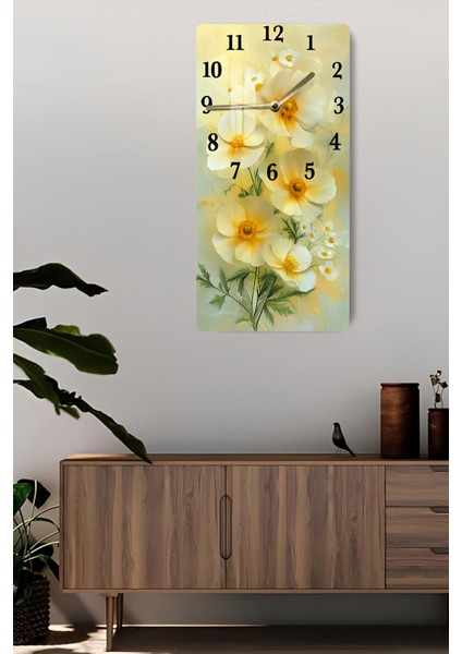 Sarı Beyaz Çiçek Temalı Temperli Cam Tablo Saat – 30×60 Cm– Uv Baskı– CUSD148 fiyatları