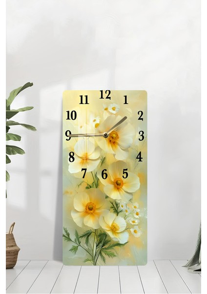 Sarı Beyaz Çiçek Temalı Temperli Cam Tablo Saat – 30×60 Cm– Uv Baskı– CUSD148 modelleri