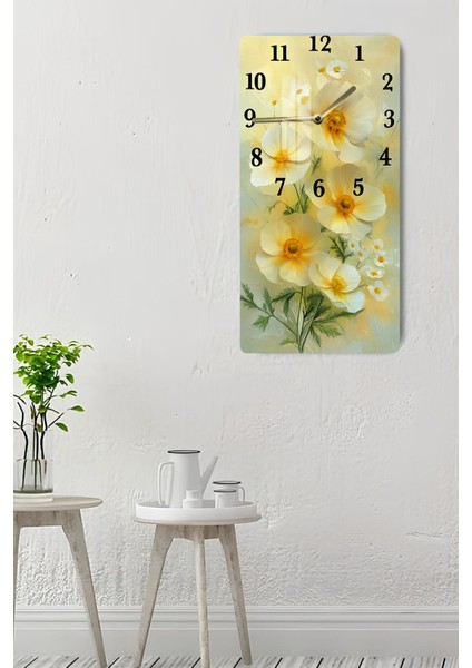 Sarı Beyaz Çiçek Temalı Temperli Cam Tablo Saat – 30×60 Cm– Uv Baskı– CUSD148 indirimleri