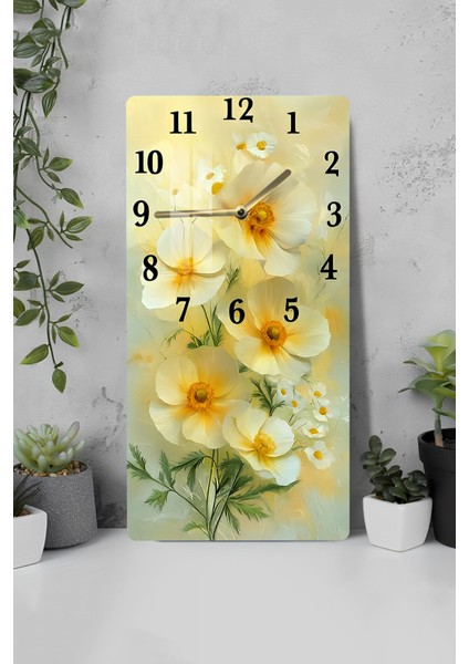 Sarı Beyaz Çiçek Temalı Temperli Cam Tablo Saat – 30×60 Cm– Uv Baskı– CUSD148
