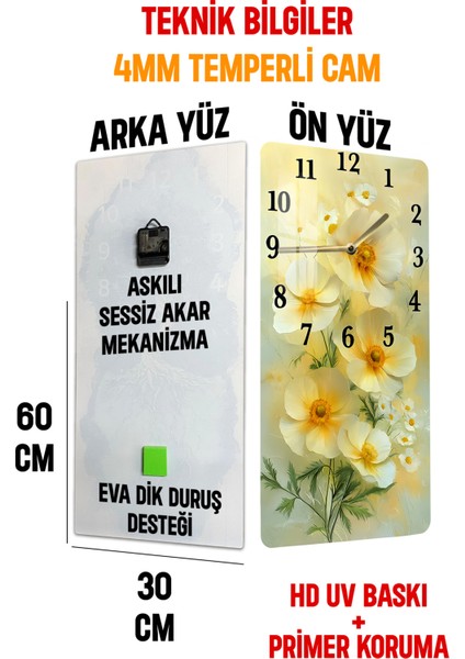 Sarı Beyaz Çiçek Temalı Temperli Cam Tablo Saat – 30×60 Cm– Uv Baskı– CUSD148