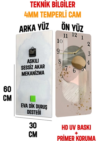 Soyut Modern Desenli Temperli Cam Tablo Saat – 30X60 cm | Hd Uv Baskı– CUSD089