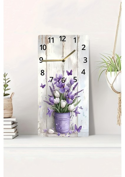 Mor Çiçek ve Kelebek Desenli Uv Baskı Mdf Tablo Saat – 30X60 Cm– USD215