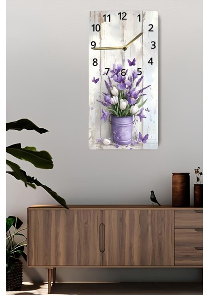 Mor Çiçek ve Kelebek Desenli Uv Baskı Mdf Tablo Saat – 30X60 Cm– USD215 fiyatları