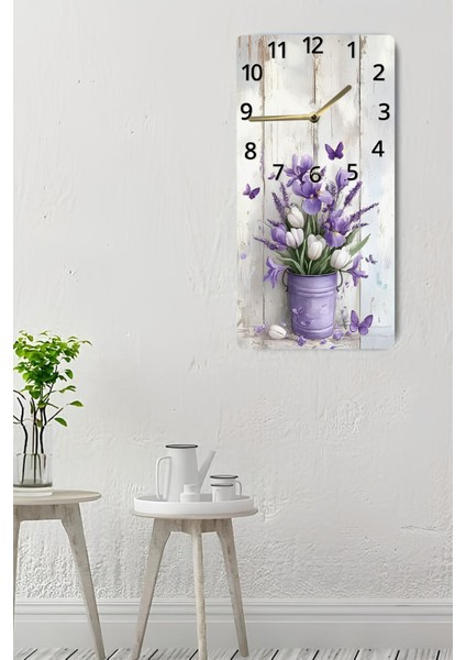 Mor Çiçek ve Kelebek Desenli Uv Baskı Mdf Tablo Saat – 30X60 Cm– USD215 indirimleri