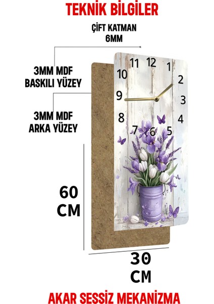 Mor Çiçek ve Kelebek Desenli Uv Baskı Mdf Tablo Saat – 30X60 Cm– USD215
