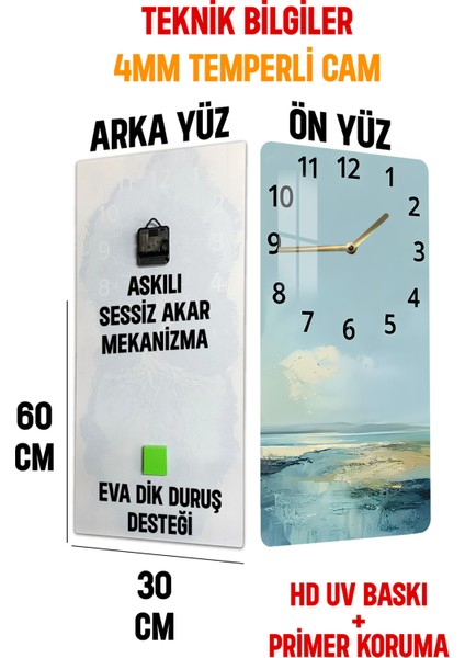 Temperli Cam Tablo Saat 30X60 cm Deniz Manzaralı Uv Baskı– CUSD050