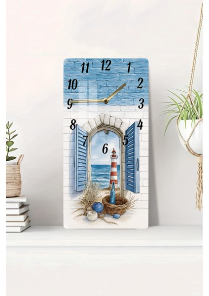Deniz Manzaralı Fener Tasarımlı Temperli Cam Tablo Saat – 30X60 cm Uv Baskı – CUSD035
