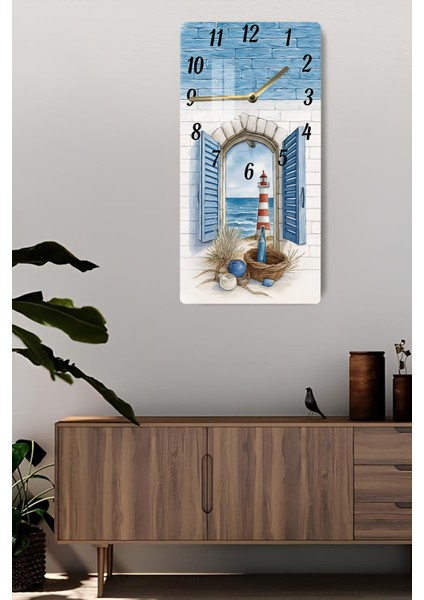 Deniz Manzaralı Fener Tasarımlı Temperli Cam Tablo Saat – 30X60 cm Uv Baskı – CUSD035 fiyatları