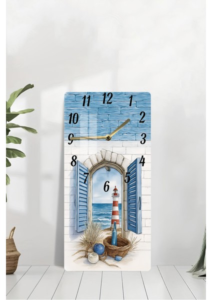 Deniz Manzaralı Fener Tasarımlı Temperli Cam Tablo Saat – 30X60 cm Uv Baskı – CUSD035 modelleri