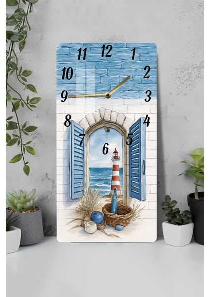 Deniz Manzaralı Fener Tasarımlı Temperli Cam Tablo Saat – 30X60 cm Uv Baskı – CUSD035