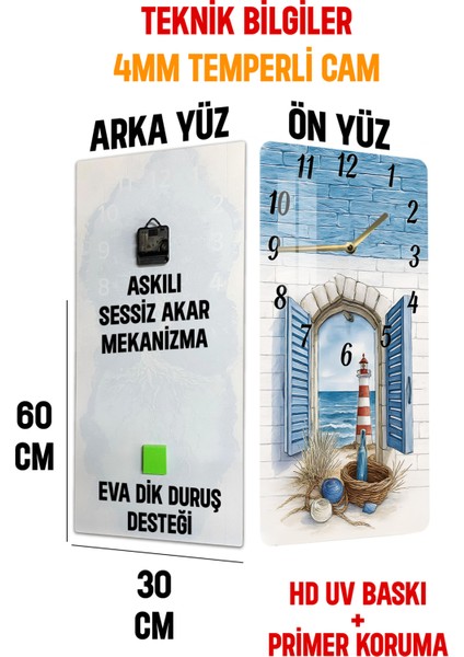 Deniz Manzaralı Fener Tasarımlı Temperli Cam Tablo Saat – 30X60 cm Uv Baskı – CUSD035